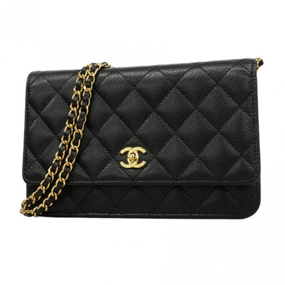 Chanel Shoulder Bag Quilted Caviar Leather Black Gold