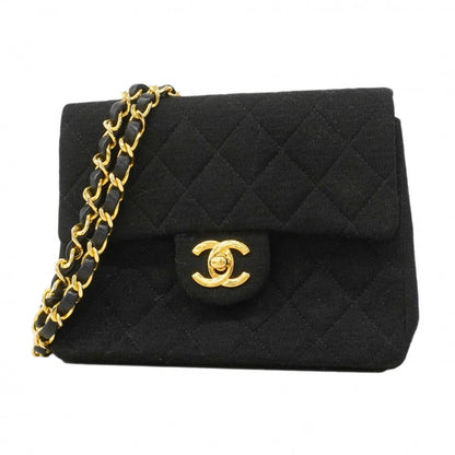 Chanel Shoulder Bag Mini Quilted Cotton Black Gold