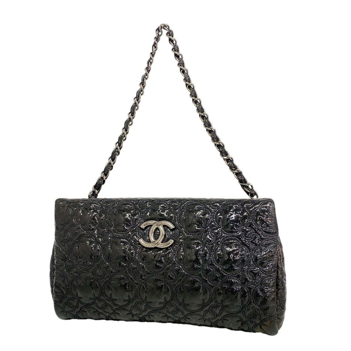 Chanel Shoulder Bag Flower Stitch Patent Leather Black Silver