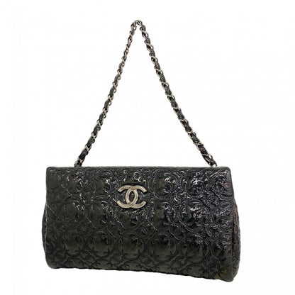 Chanel Shoulder Bag Flower Stitch Patent Leather Black Silver