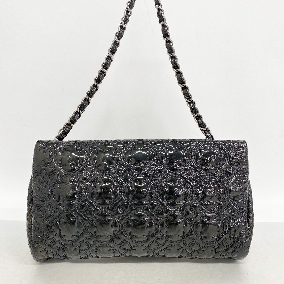 Chanel Shoulder Bag Flower Stitch Patent Leather Black Silver — view 8