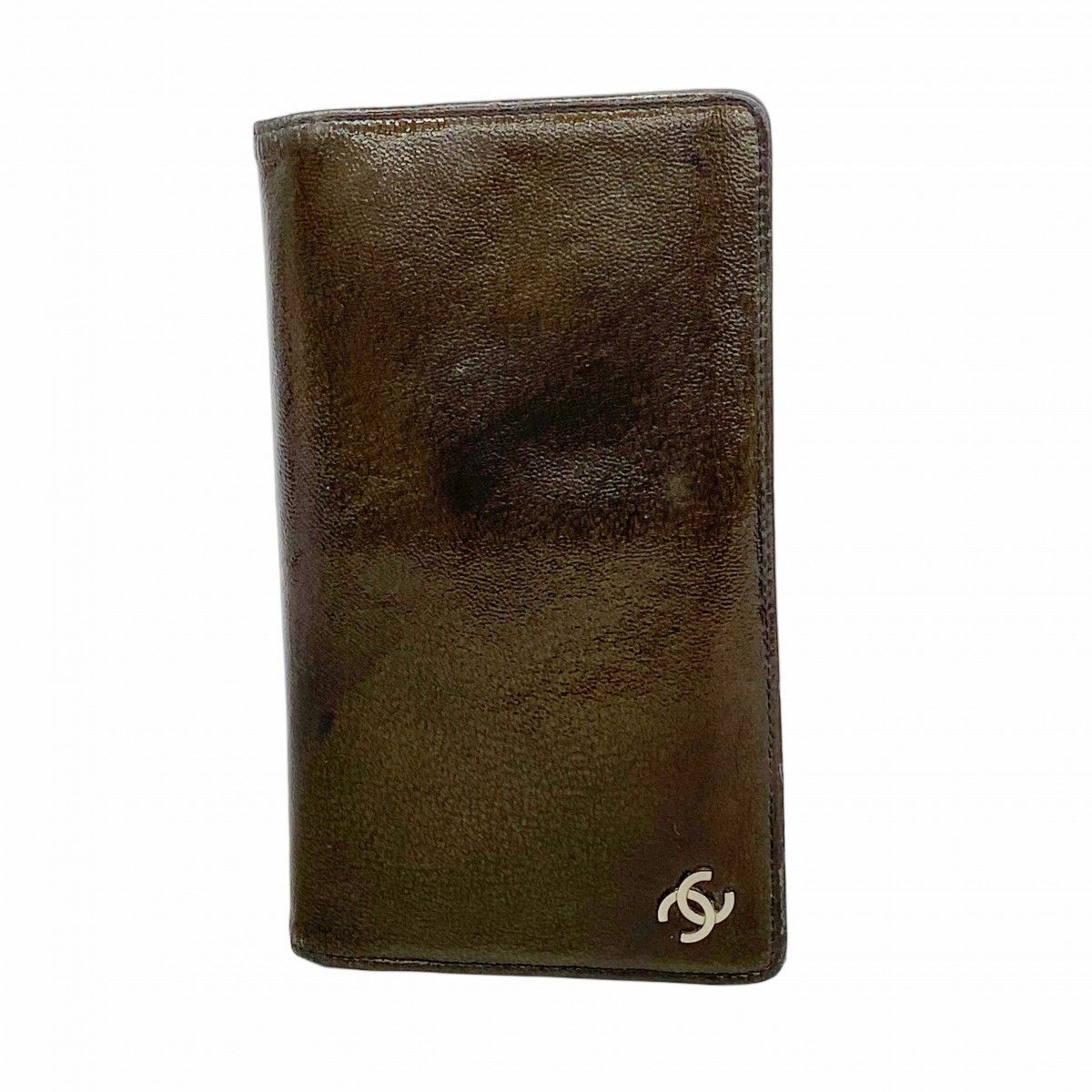 Chanel Wallet Patent Leather Brown Black Silver