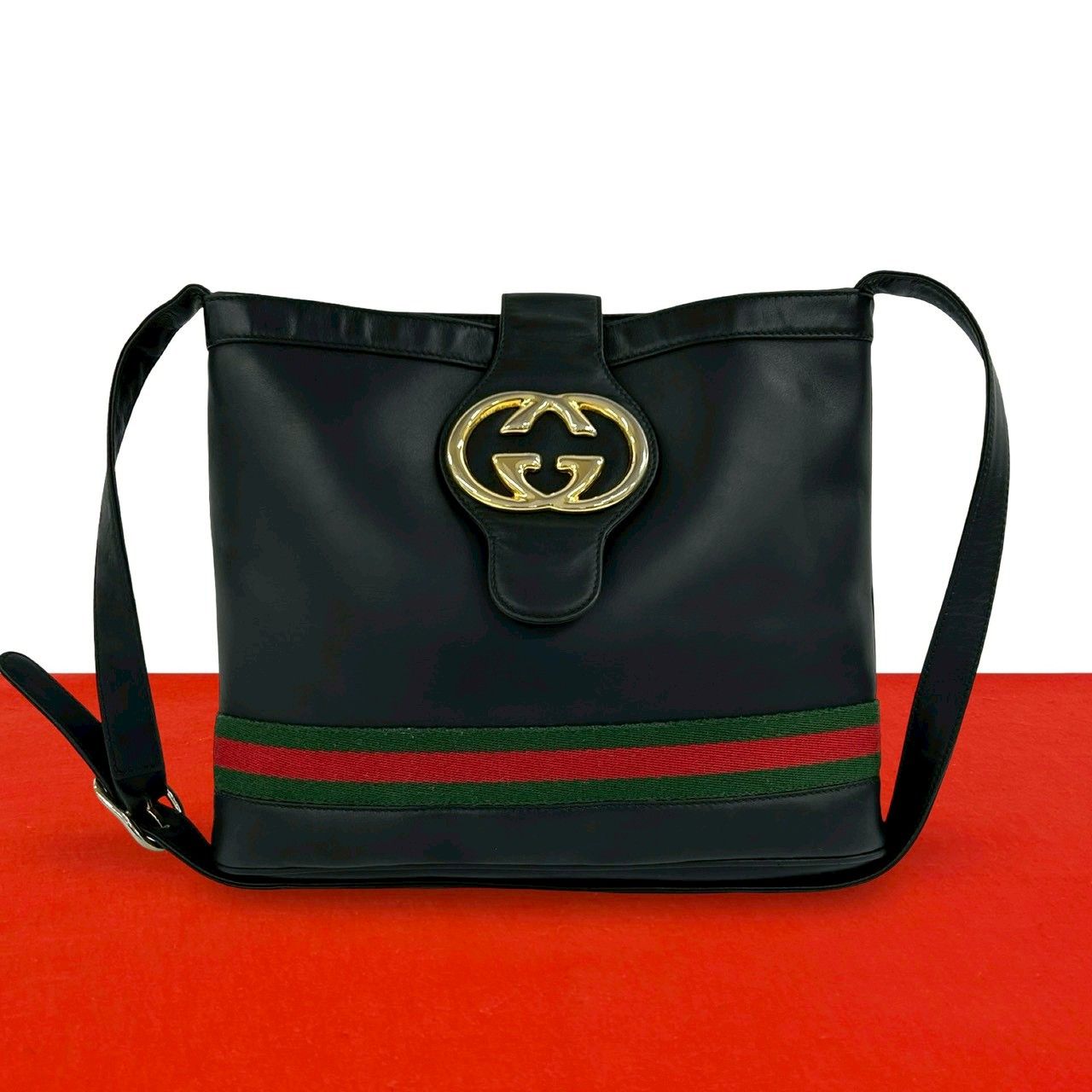 Gucci Vintage Sherry Line GG Logo Leather Shoulder Bag Black