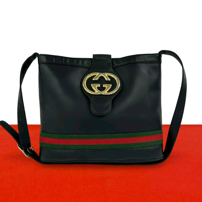 Gucci Vintage Sherry Line GG Logo Leather Shoulder Bag Black