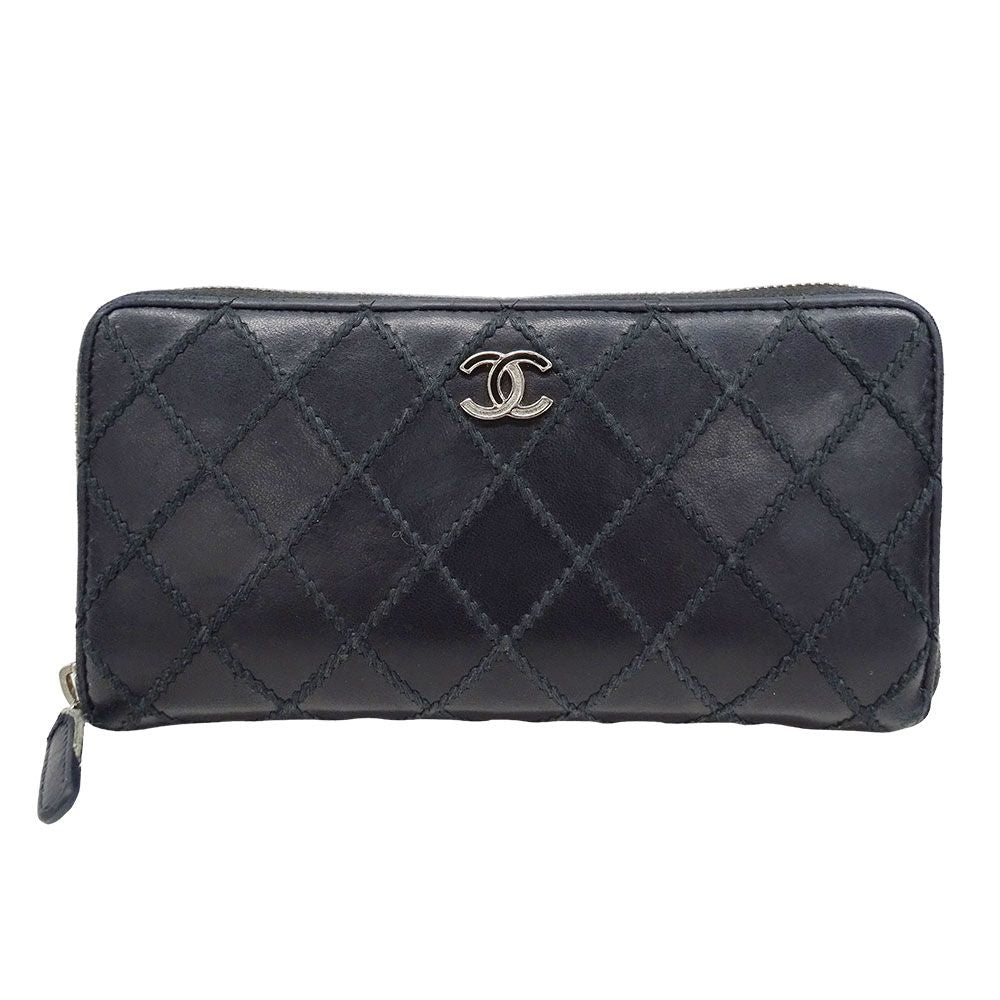 Chanel Wallet Wild Stitch Leather Black Silver Zip Around Quilted Logo