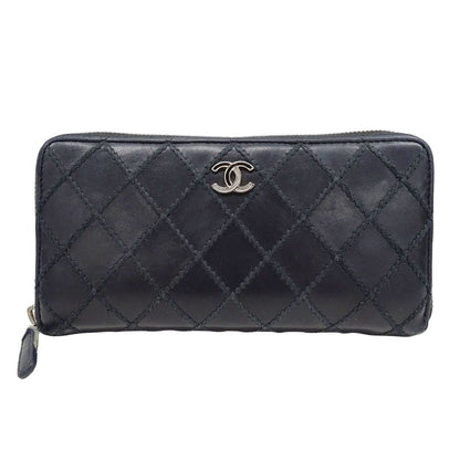 Chanel Wallet Wild Stitch Leather Black Silver Zip Around Quilted Logo