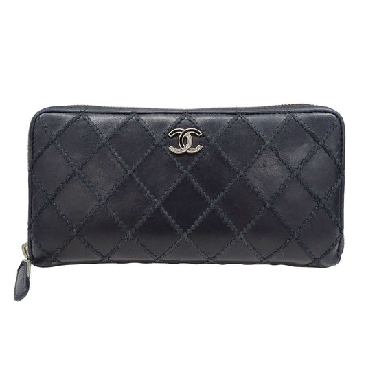 Chanel Wallet Wild Stitch Leather Black Silver Zip Around Quilted Logo