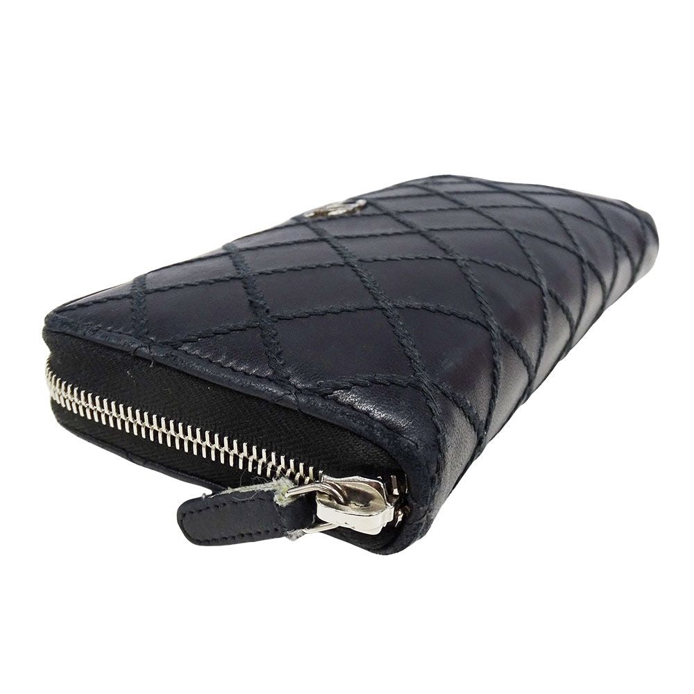 Chanel Wallet Wild Stitch Leather Black Silver Zip Around Quilted Logo — view 3