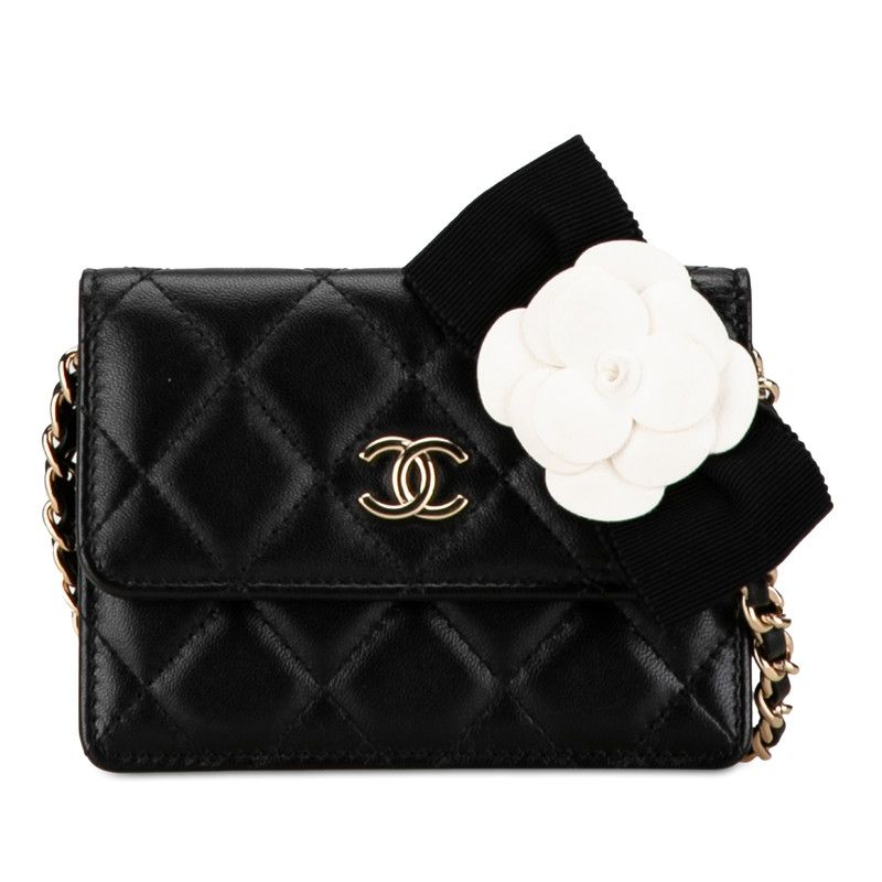Chanel Quilted CC Logo Camellia Mini Chain Shoulder Wallet Black Lambskin