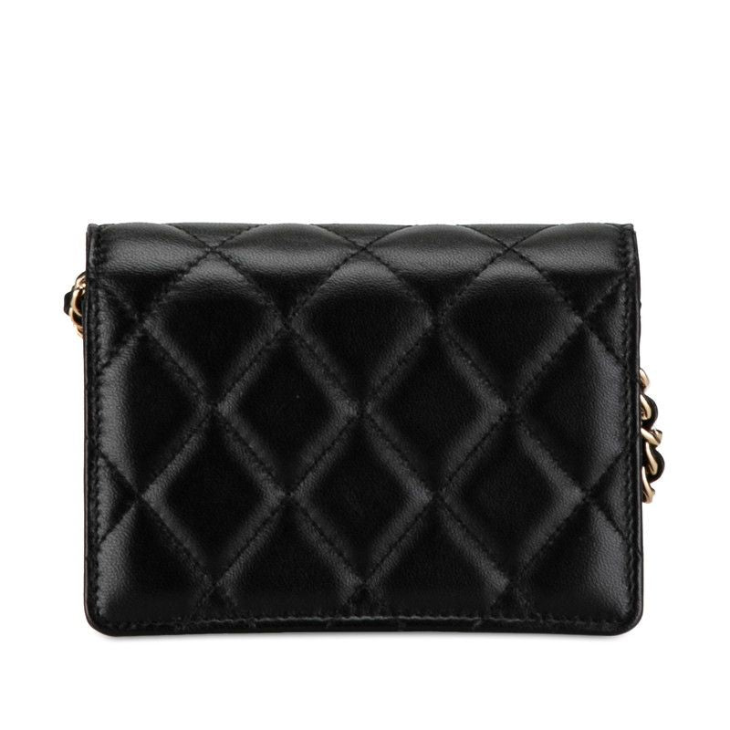 Chanel Quilted CC Logo Camellia Mini Chain Shoulder Wallet Black Lambskin — view 3