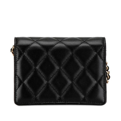 Chanel Quilted CC Logo Camellia Mini Chain Shoulder Wallet Black Lambskin — view 3