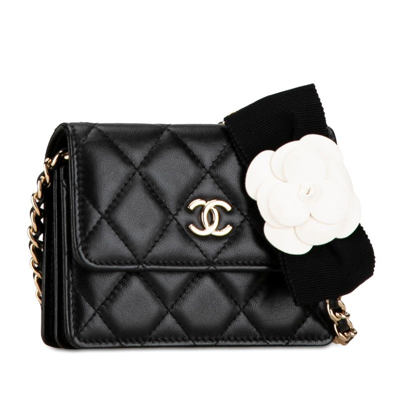 Chanel Quilted CC Logo Camellia Mini Chain Shoulder Wallet Black Lambskin — view 2