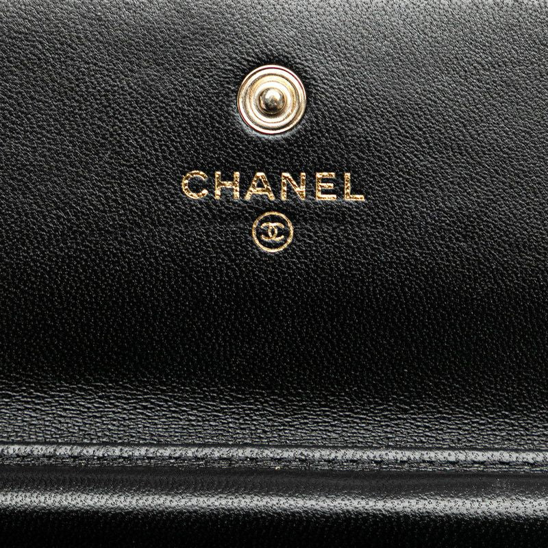 Chanel Quilted CC Logo Camellia Mini Chain Shoulder Wallet Black Lambskin — view 7