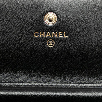 Chanel Quilted CC Logo Camellia Mini Chain Shoulder Wallet Black Lambskin — view 7