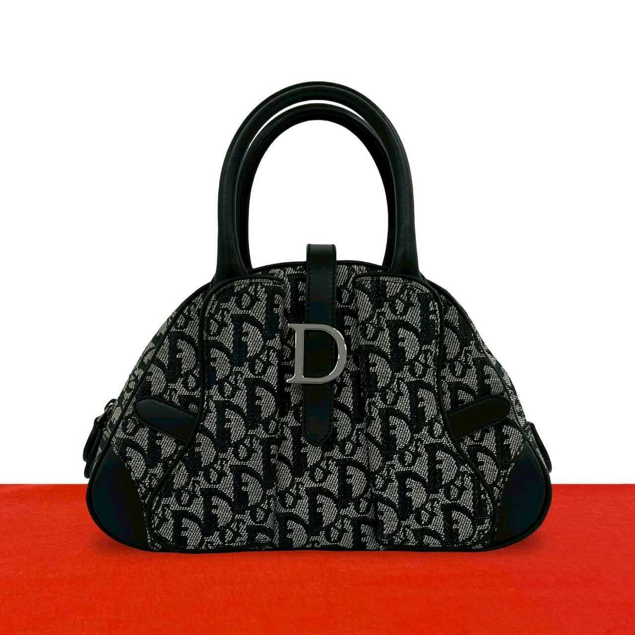 Dior Double Saddle Bag Trotter Pattern Canvas Leather Black
