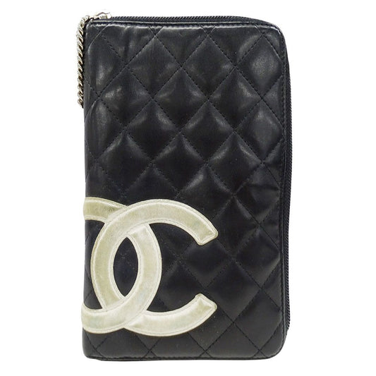 Chanel Wallet Cambon Lambskin Black Silver Zip Around Logo Quilted