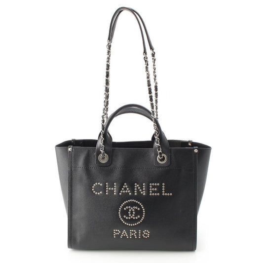 Chanel 25 Deauville Caviar Leather Tote CC Logo Silver Black