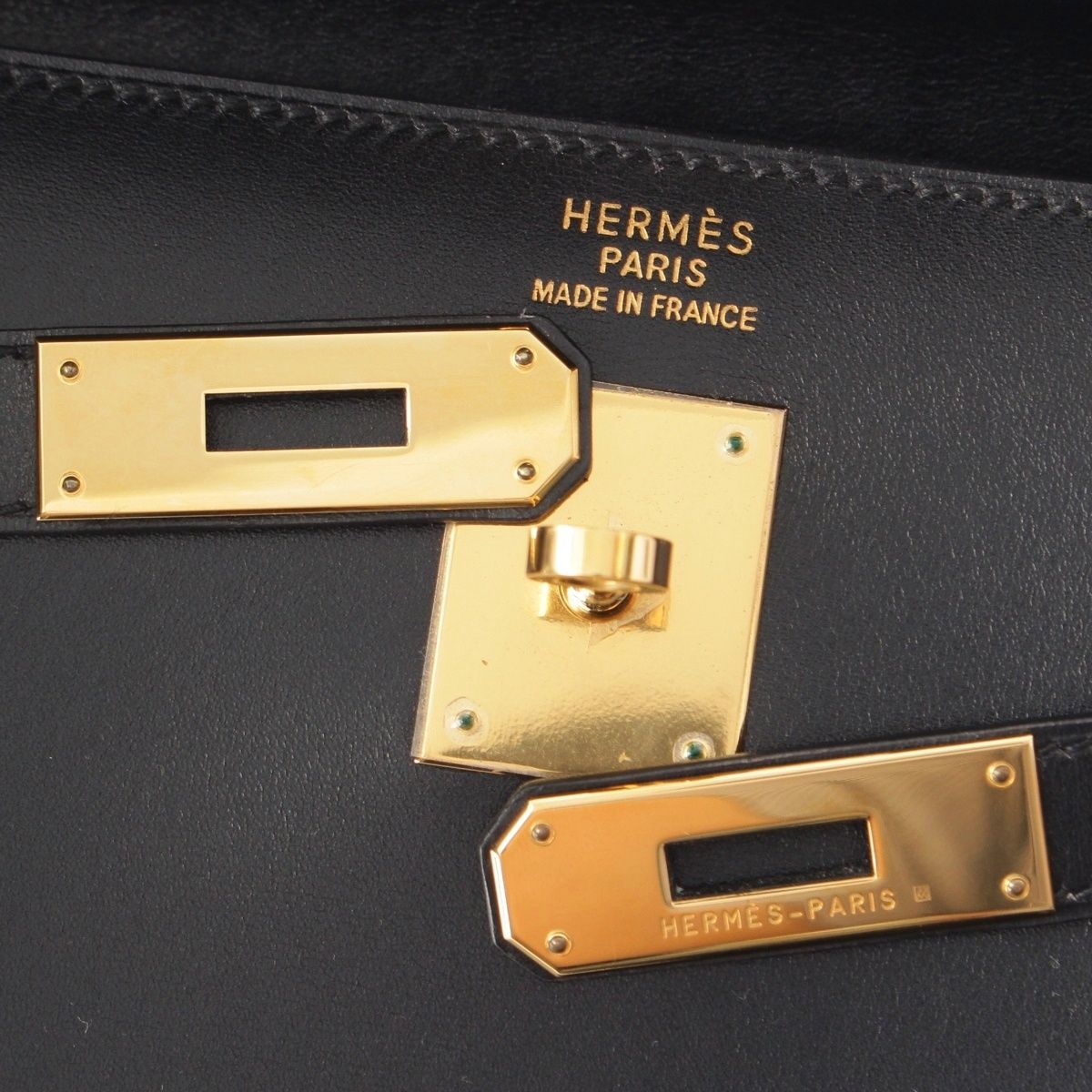 Hermes 01 Kelly Box Calf Gold Handbag Black 35 — view 8