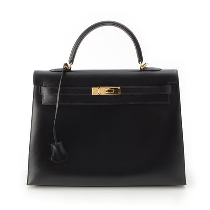 Hermes 01 Kelly Box Calf Gold Handbag Black 35