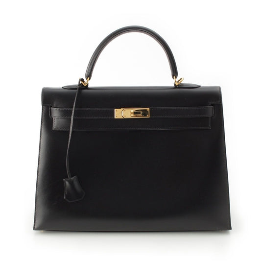 Hermes 01 Kelly Box Calf Gold Handbag Black 35