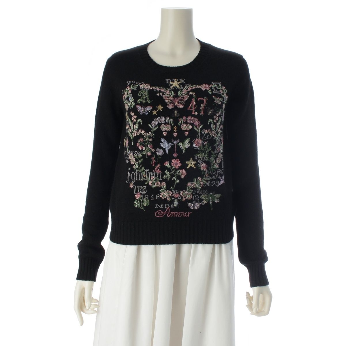 Dior Cashmere Embroidery Cross Stitch Knit Sweater Flower Butterfly Black 34