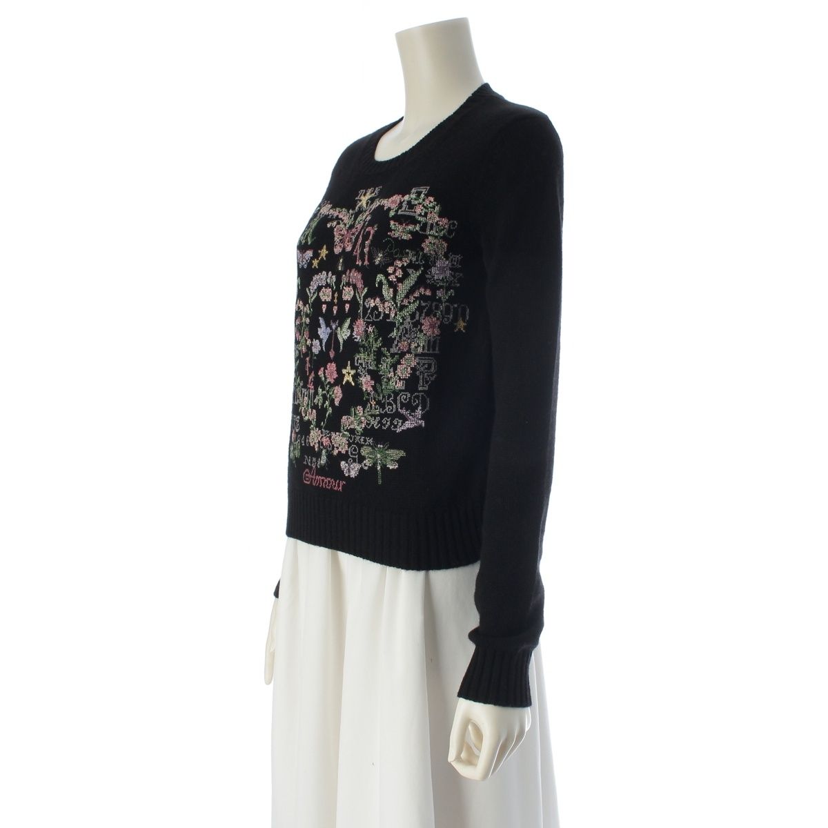 Dior Cashmere Embroidery Cross Stitch Knit Sweater Flower Butterfly Black 34 — view 2