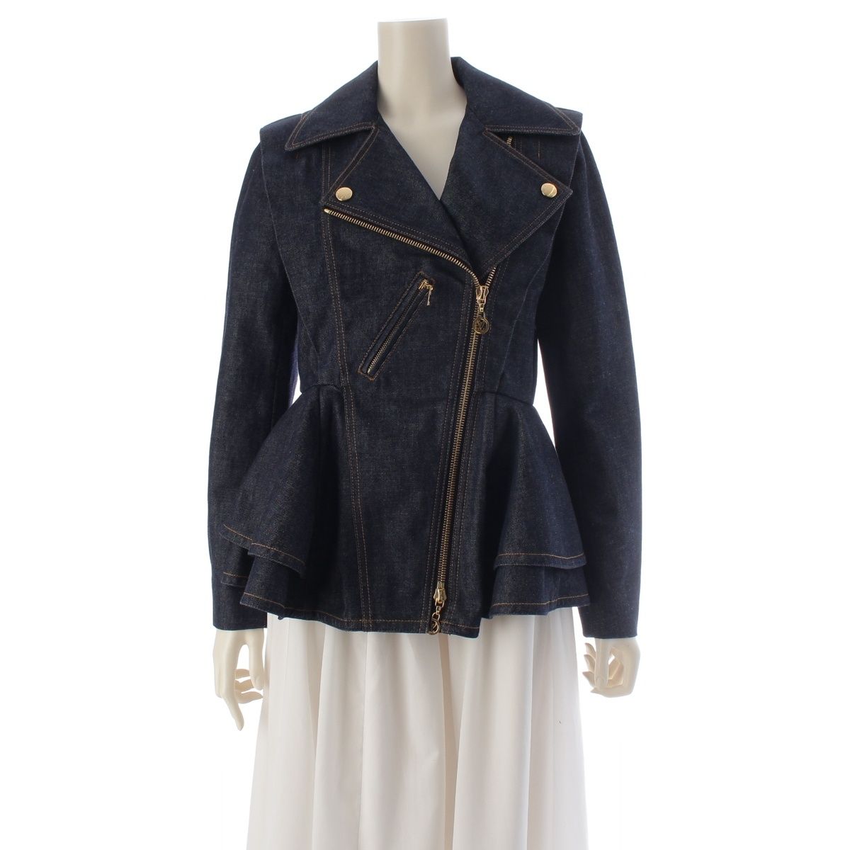 Louis Vuitton Cotton Denim Flounce Biker Jacket Efy Indigo 34