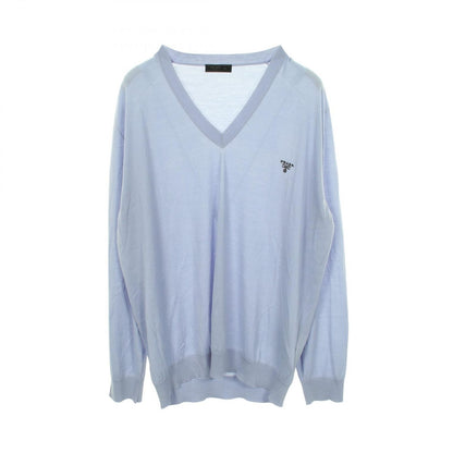 Prada Knit Logo Embroidery Neck Blue Sweater
