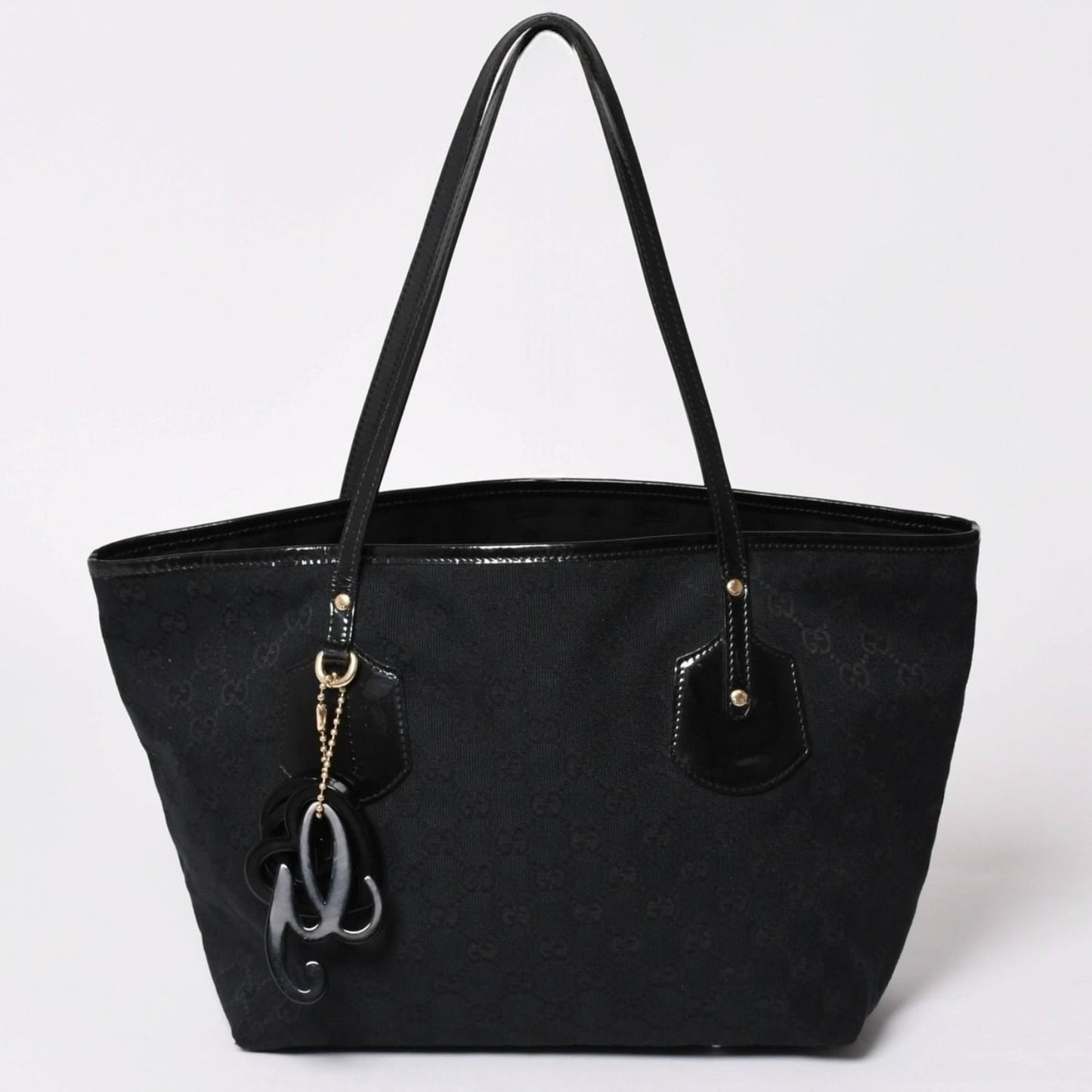Gucci GG Canvas Jolly Tote Black Patent Handbag Gold