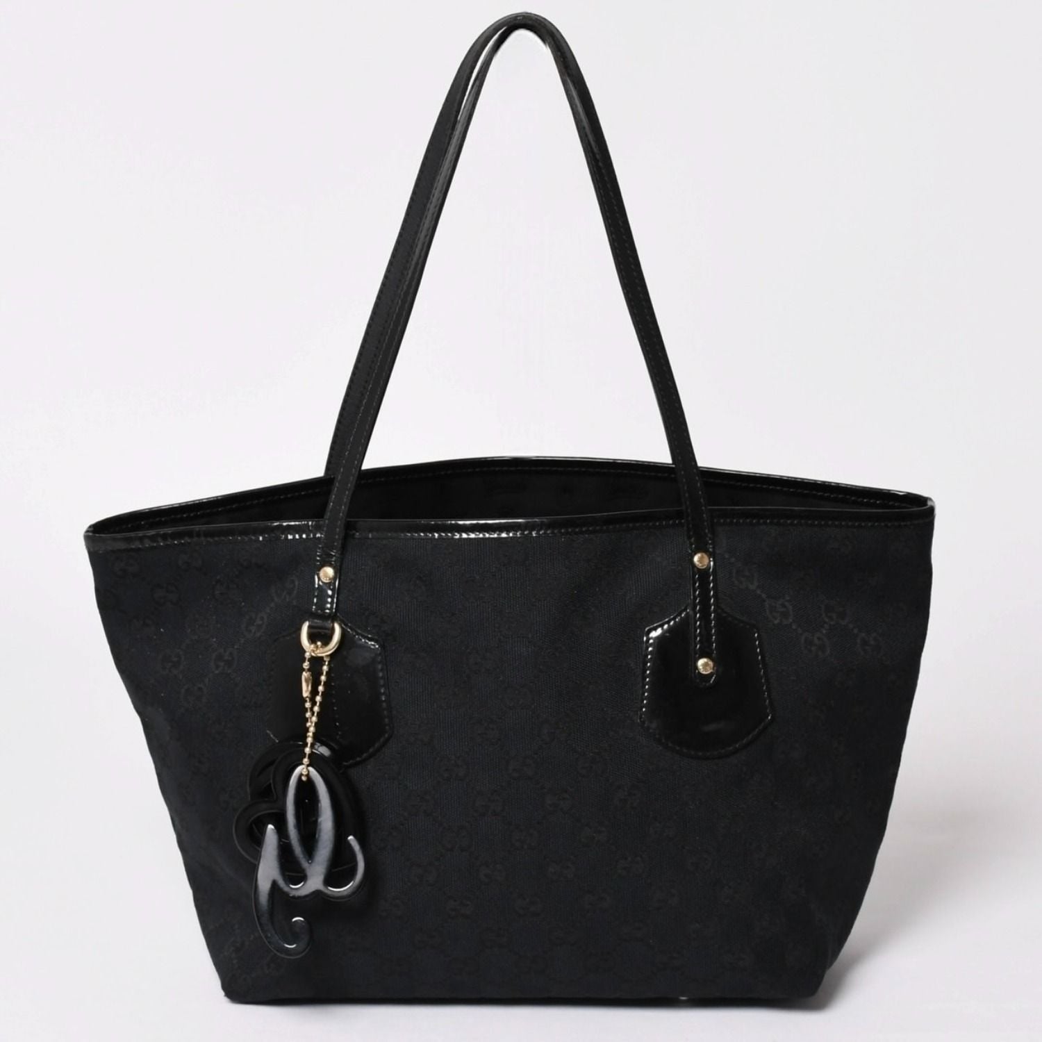 Gucci GG Canvas Jolly Tote Black Patent Handbag Gold