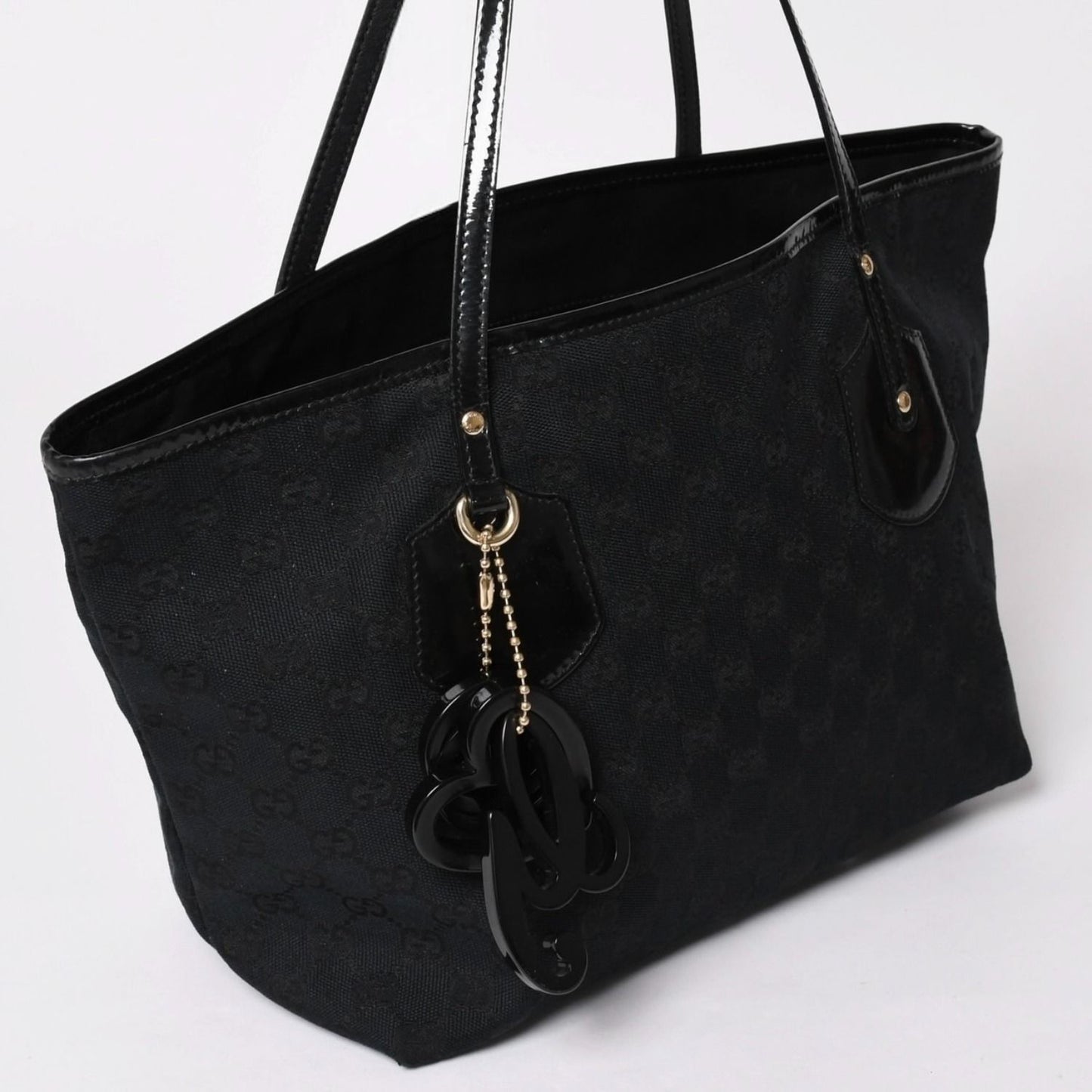 Gucci GG Canvas Jolly Tote Black Patent Handbag Gold — view 3
