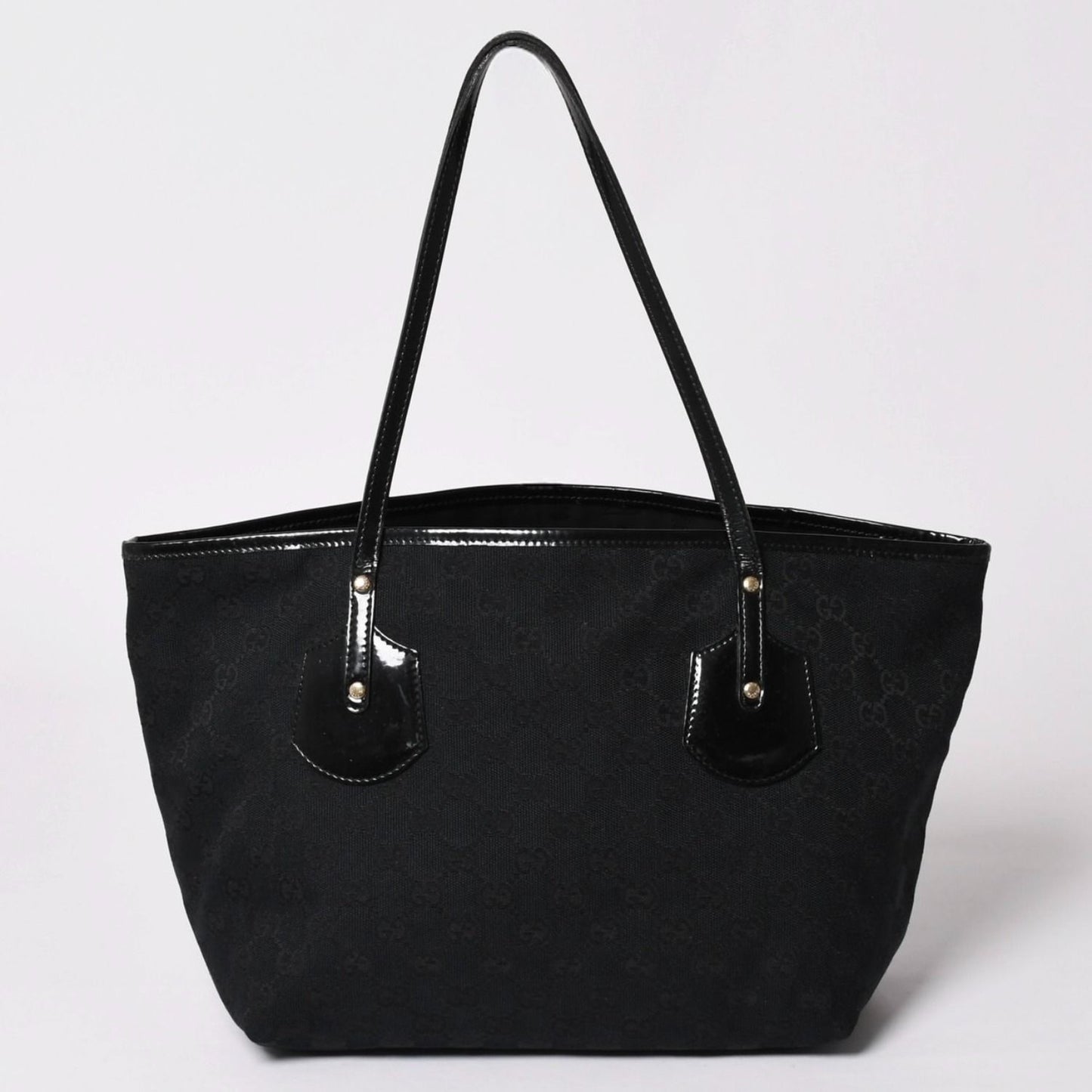 Gucci GG Canvas Jolly Tote Black Patent Handbag Gold — view 2