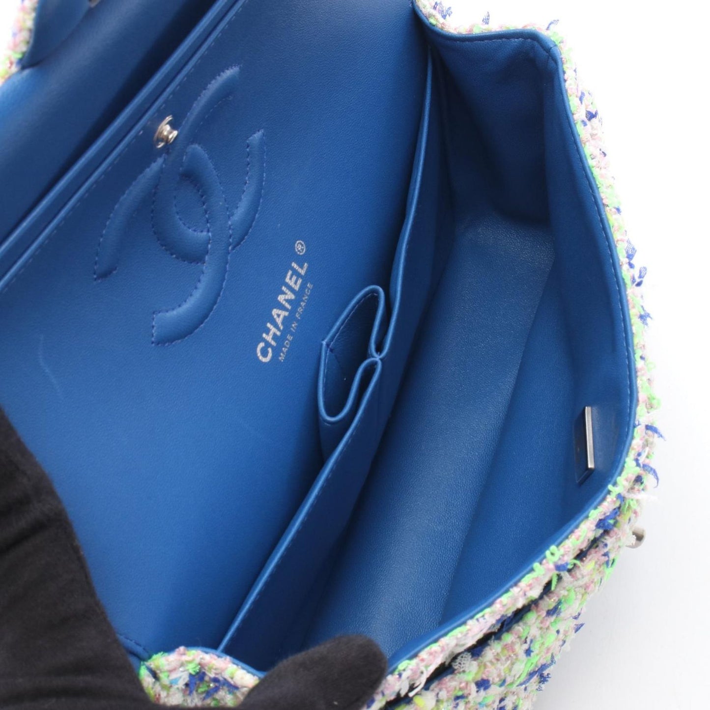 Chanel Shoulder Bag Quilted Double Flap Blue Yellow Green Leather Chain — view 3