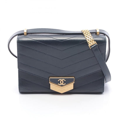Chanel Shoulder Bag Chezblanc Stitch Medal Navy Leather Flap