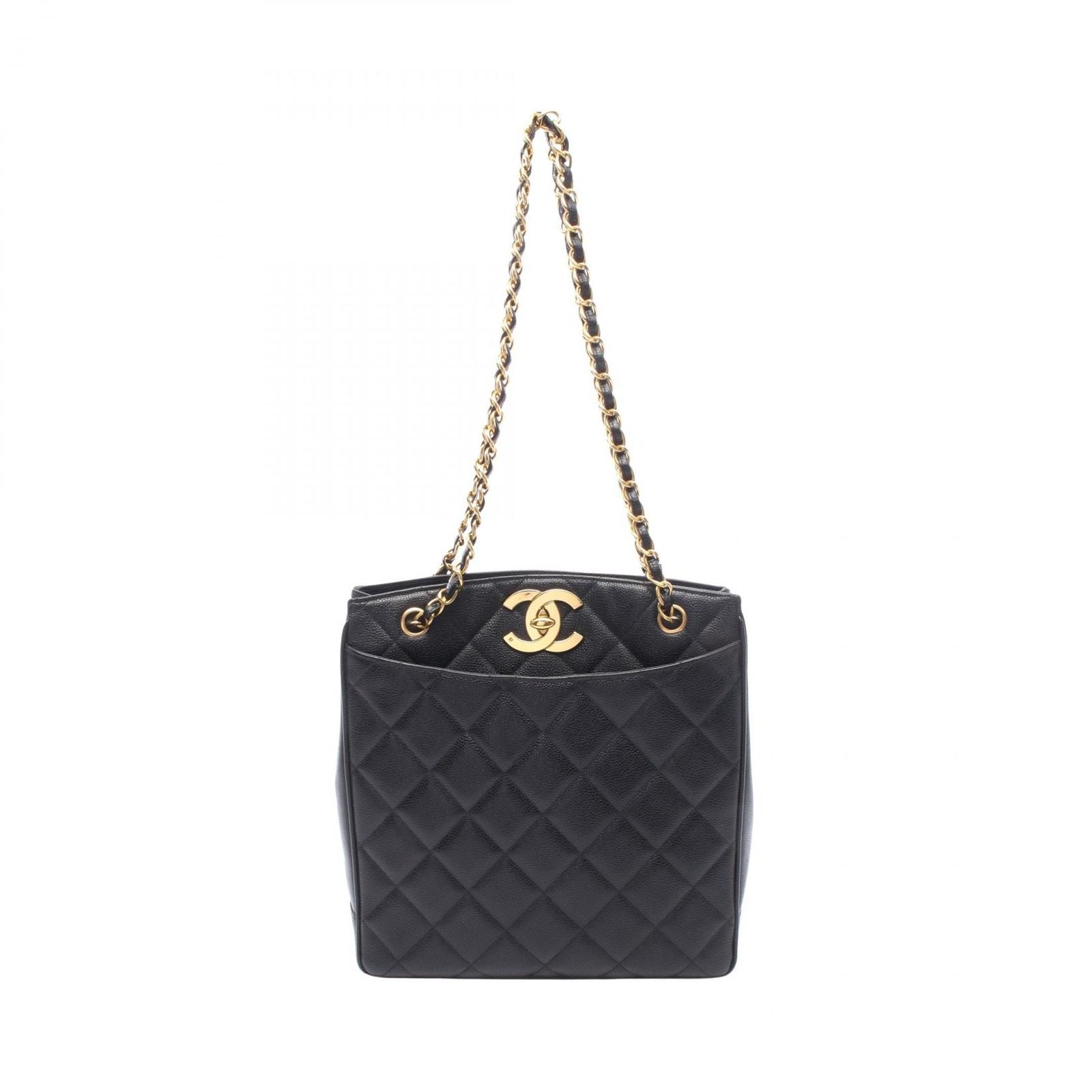 Chanel Tote Quilted Black Caviar Leather Chain