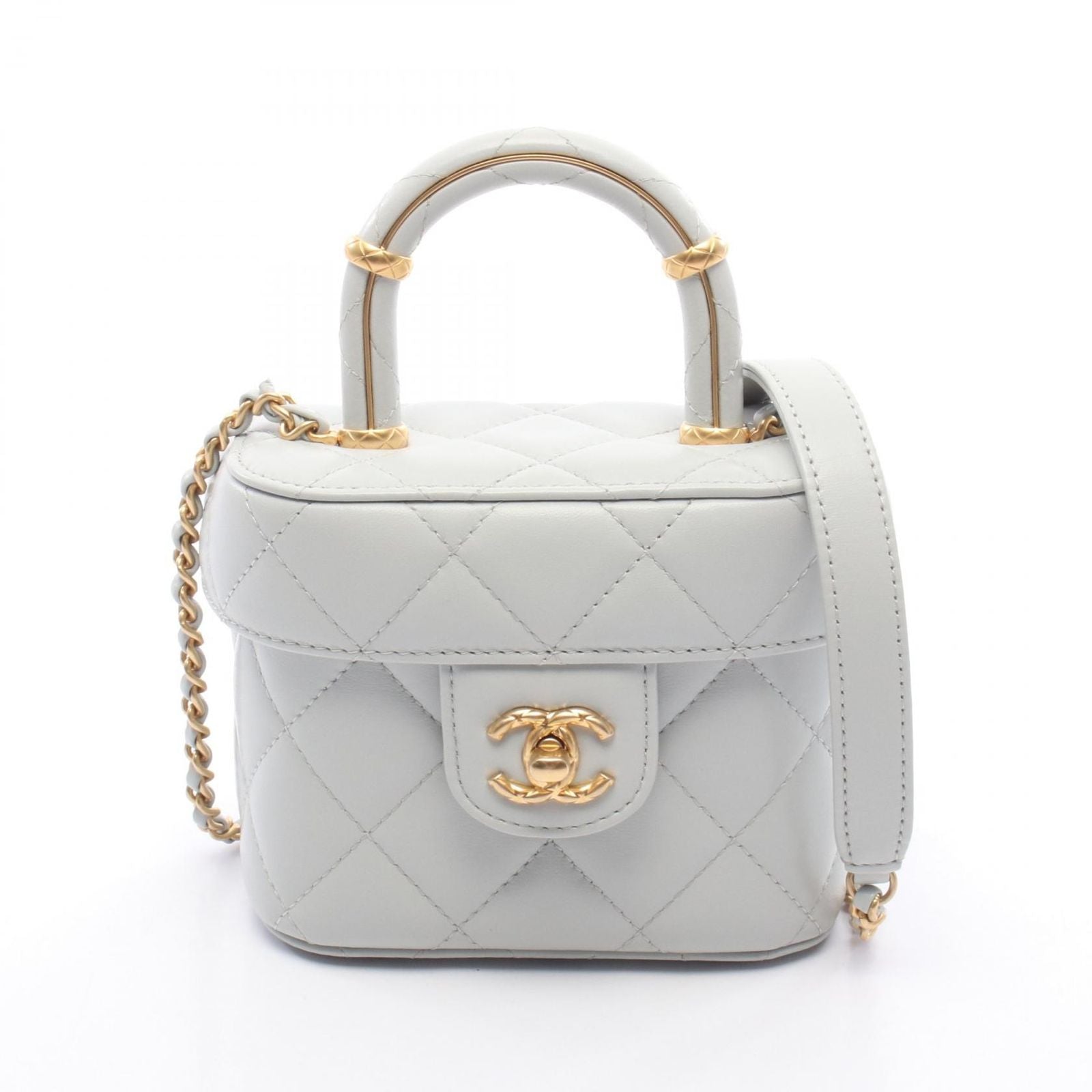 Chanel Shoulder Bag Quilted Vanity 2-Way Blue Gray Leather