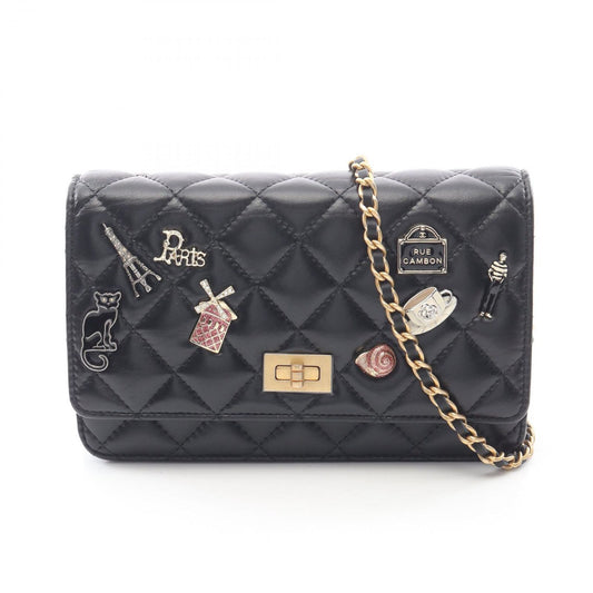 Chanel Shoulder Bag Quilted 2.55 Iconcharm Black Lambskin Chain Wallet