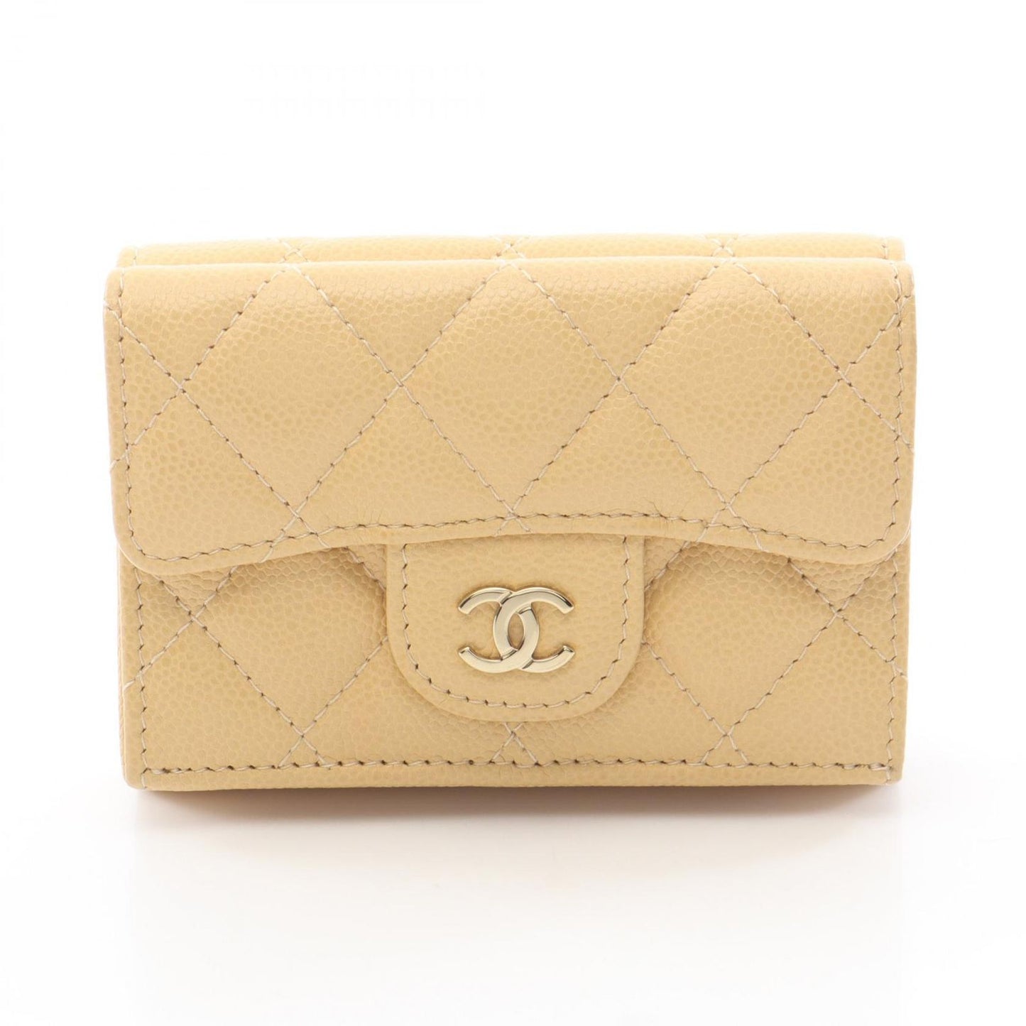 Chanel Tri Foldwallet Classic Flap Wallet Quilted Beige Caviar Leather