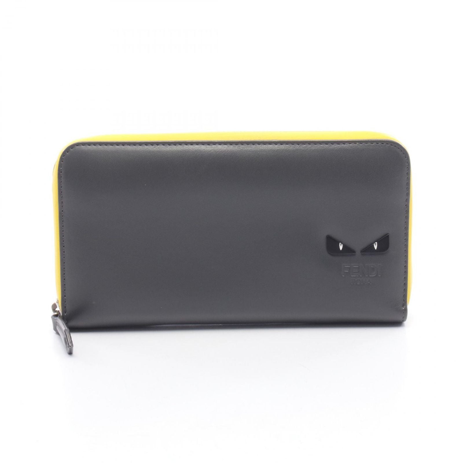 Fendi Roundlong Wallet Montstar Bug's Eye Gray Yellow Leather