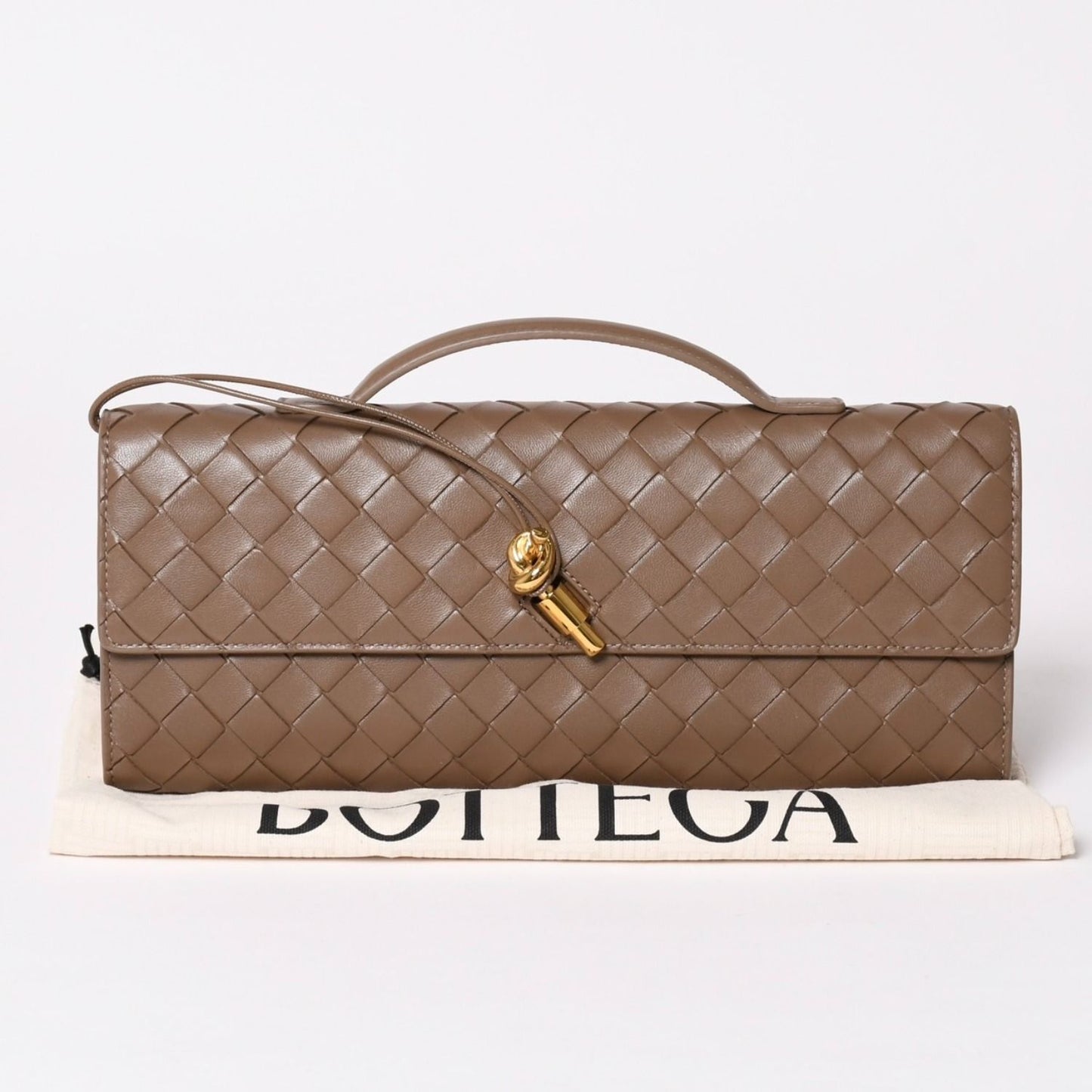 Bottega Veneta Andiamo Clutch Metal Knot Closure Brown Bifold Intrecciato Gold