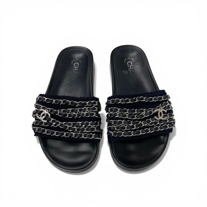 Chanel Sandals Shoes Fabric Leather Navy Black Silver CC Logo Chain Flat Mules — view 2