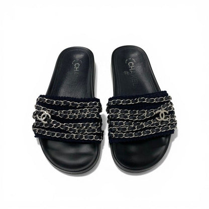 Chanel Sandals Shoes Fabric Leather Navy Black Silver CC Logo Chain Flat Mules — view 2