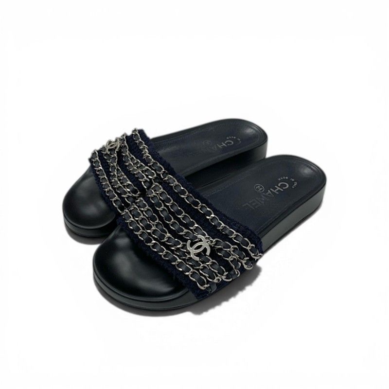Chanel Sandals Shoes Fabric Leather Navy Black Silver CC Logo Chain Flat Mules