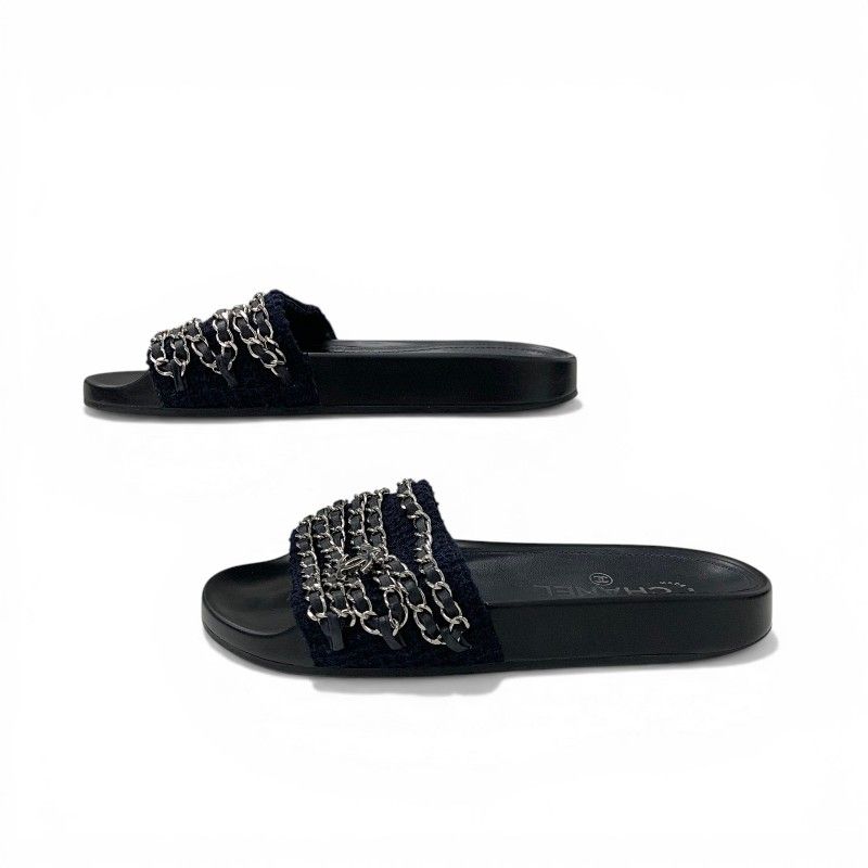 Chanel Sandals Shoes Fabric Leather Navy Black Silver CC Logo Chain Flat Mules — view 3