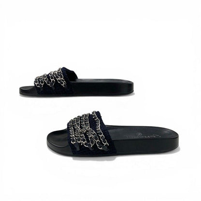 Chanel Sandals Shoes Fabric Leather Navy Black Silver CC Logo Chain Flat Mules — view 3