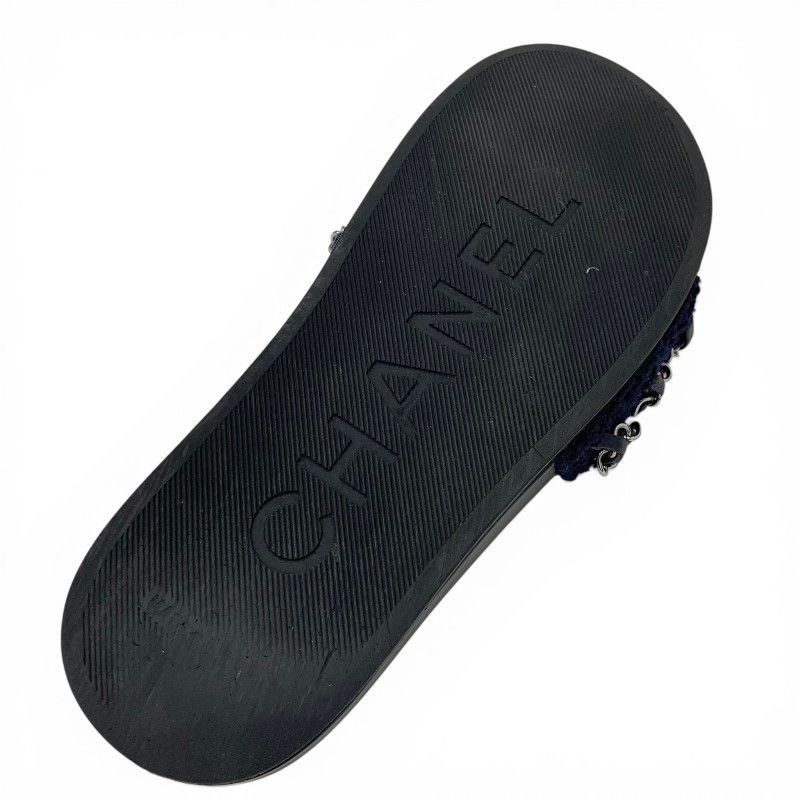 Chanel Sandals Shoes Fabric Leather Navy Black Silver CC Logo Chain Flat Mules — view 8