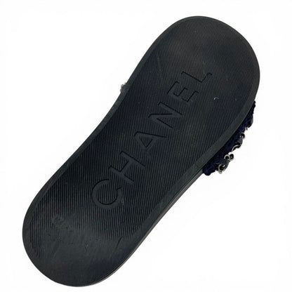 Chanel Sandals Shoes Fabric Leather Navy Black Silver CC Logo Chain Flat Mules — view 8