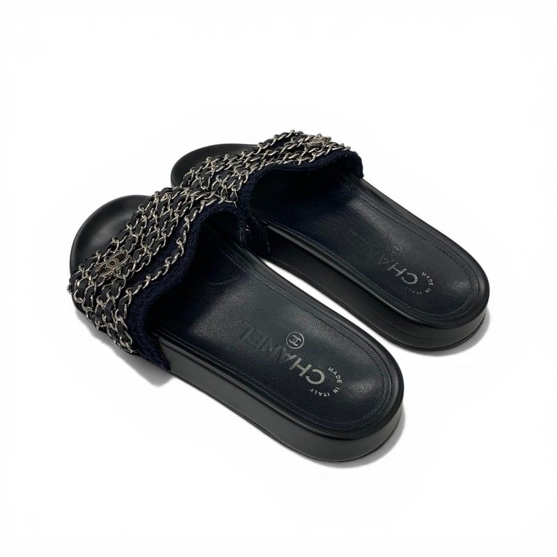 Chanel Sandals Shoes Fabric Leather Navy Black Silver CC Logo Chain Flat Mules — view 4