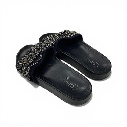 Chanel Sandals Shoes Fabric Leather Navy Black Silver CC Logo Chain Flat Mules — view 4