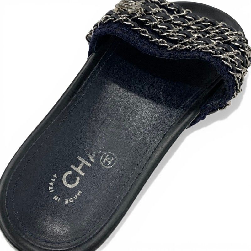 Chanel Sandals Shoes Fabric Leather Navy Black Silver CC Logo Chain Flat Mules — view 7